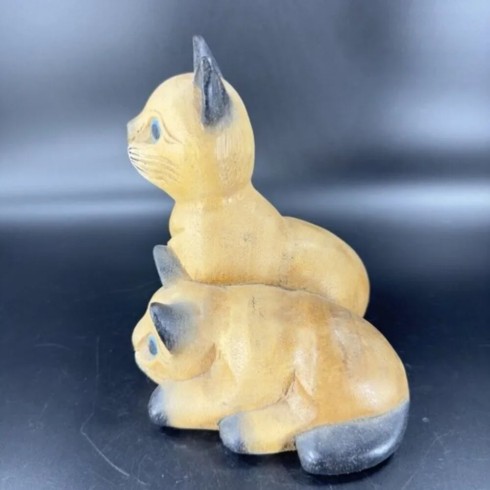 Vintage Hand Carved Wood Kitty Cat‎ Figurine Brown With Blue Eyes Cats Figure